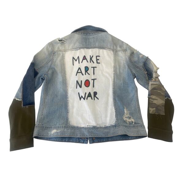 True Religion Make Art Not War Painted Denim Jean Jacket Distressed - Size Large - Picture 2 of 9
